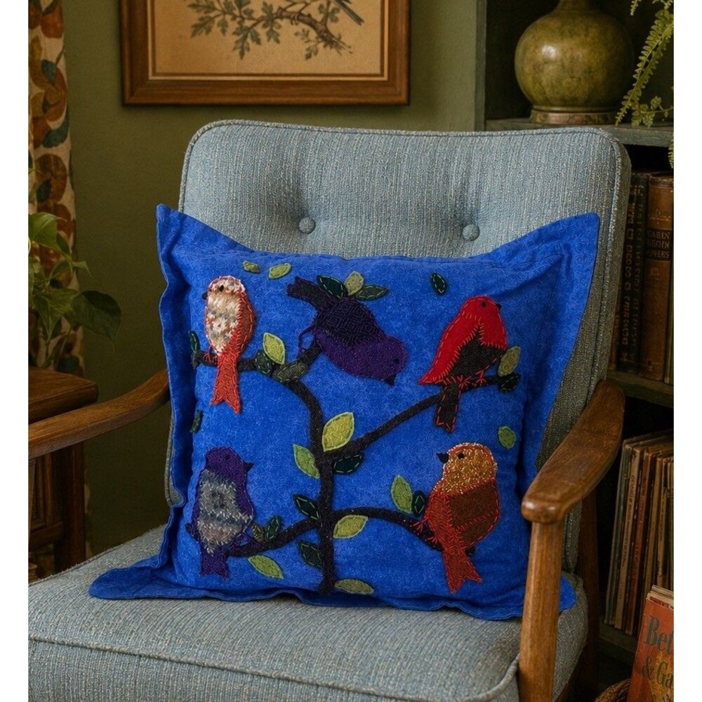 Handmade Blue Bird Pillow Cover Folk Art Throw Cushion 17x17 Removable Case